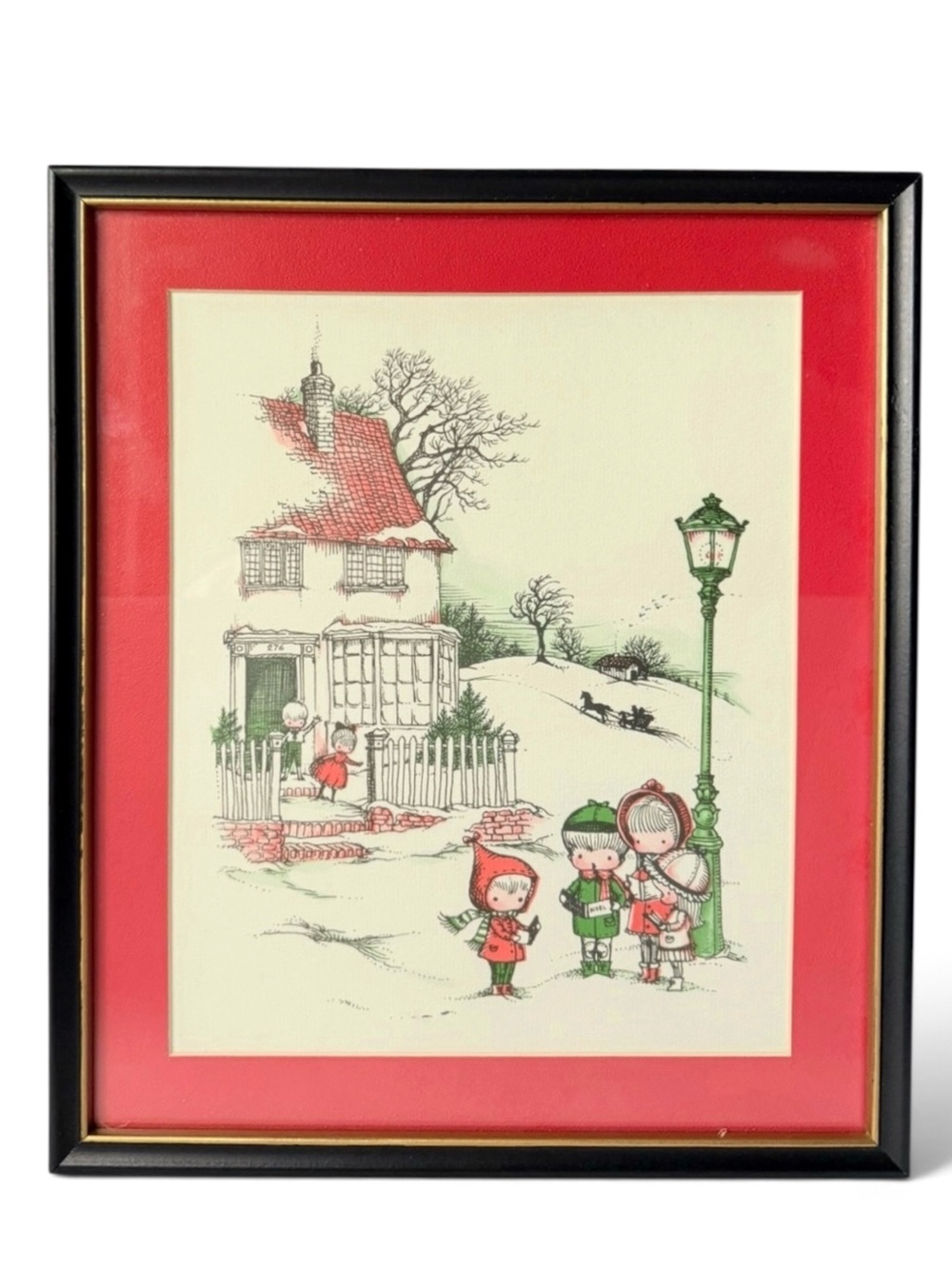 Vintage Joan Walsh Anglund Christmas Village Cute Children Caroling Print Framed